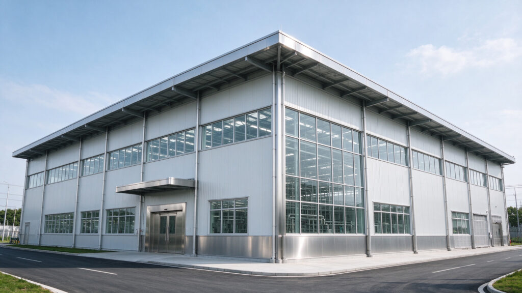 Steel food processing plant building with clean industrial facade