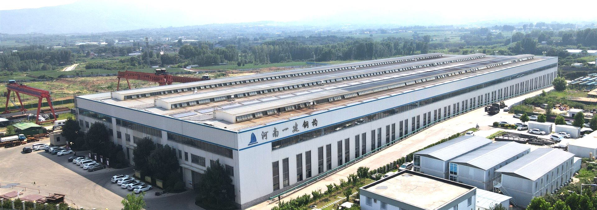 Aerial panorama of the HFCG Building Tech steel structure manufacturing facility in Henan, China
