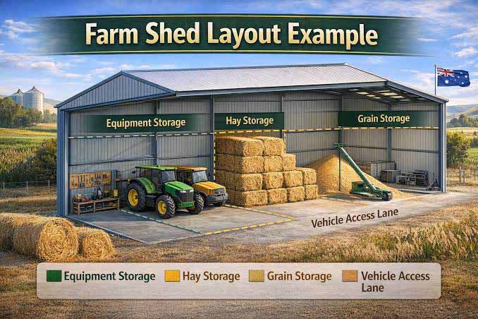 Farm Machinery Shed steel structure showing key design and fabrication features.