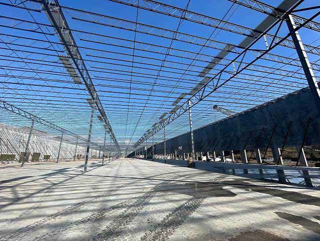 Steel logistics center frame under construction showing clear-span structural steel framing.