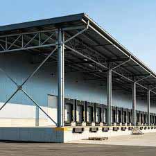 Loading dock canopy steel structure for a large logistics and distribution center.