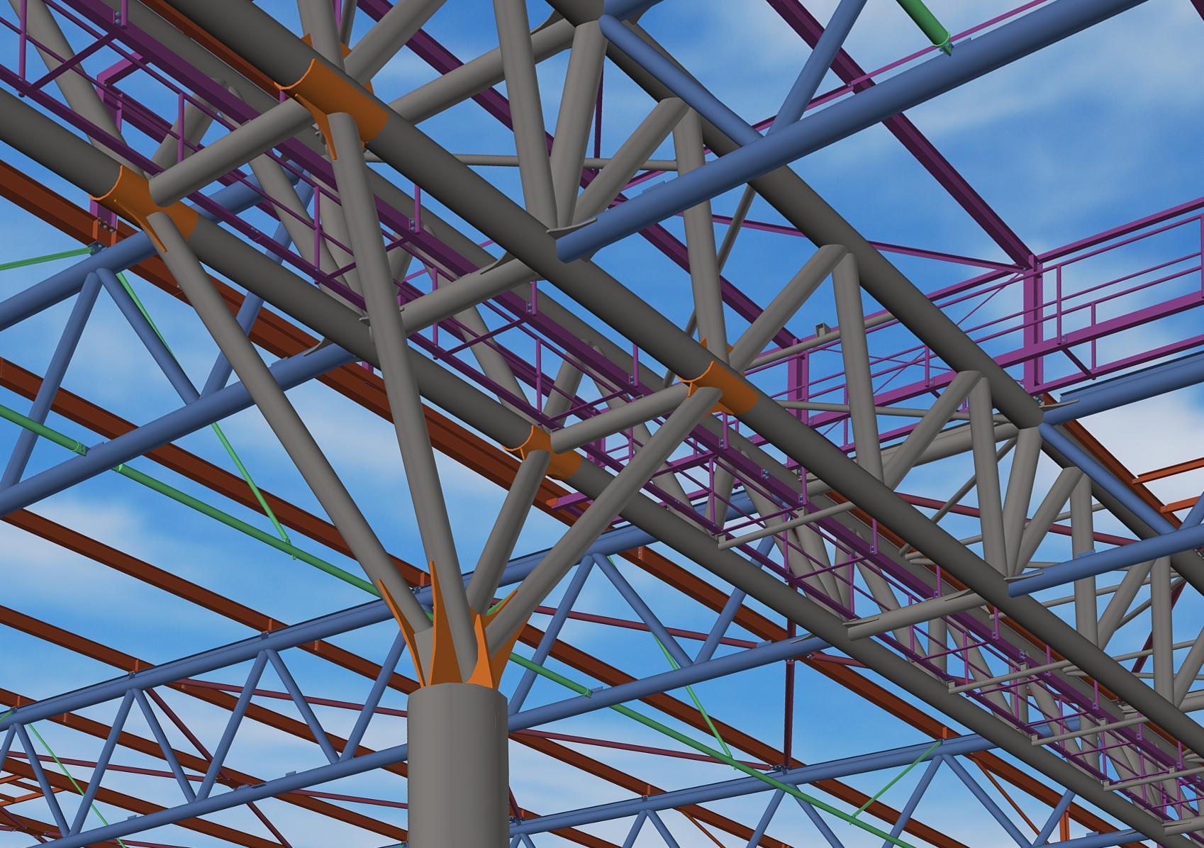 Space Truss steel structure showing key design and fabrication features.