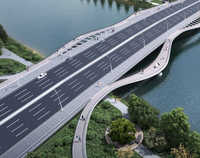 Rendering of Xiliu Lake Bridge and its pedestrian bridge
